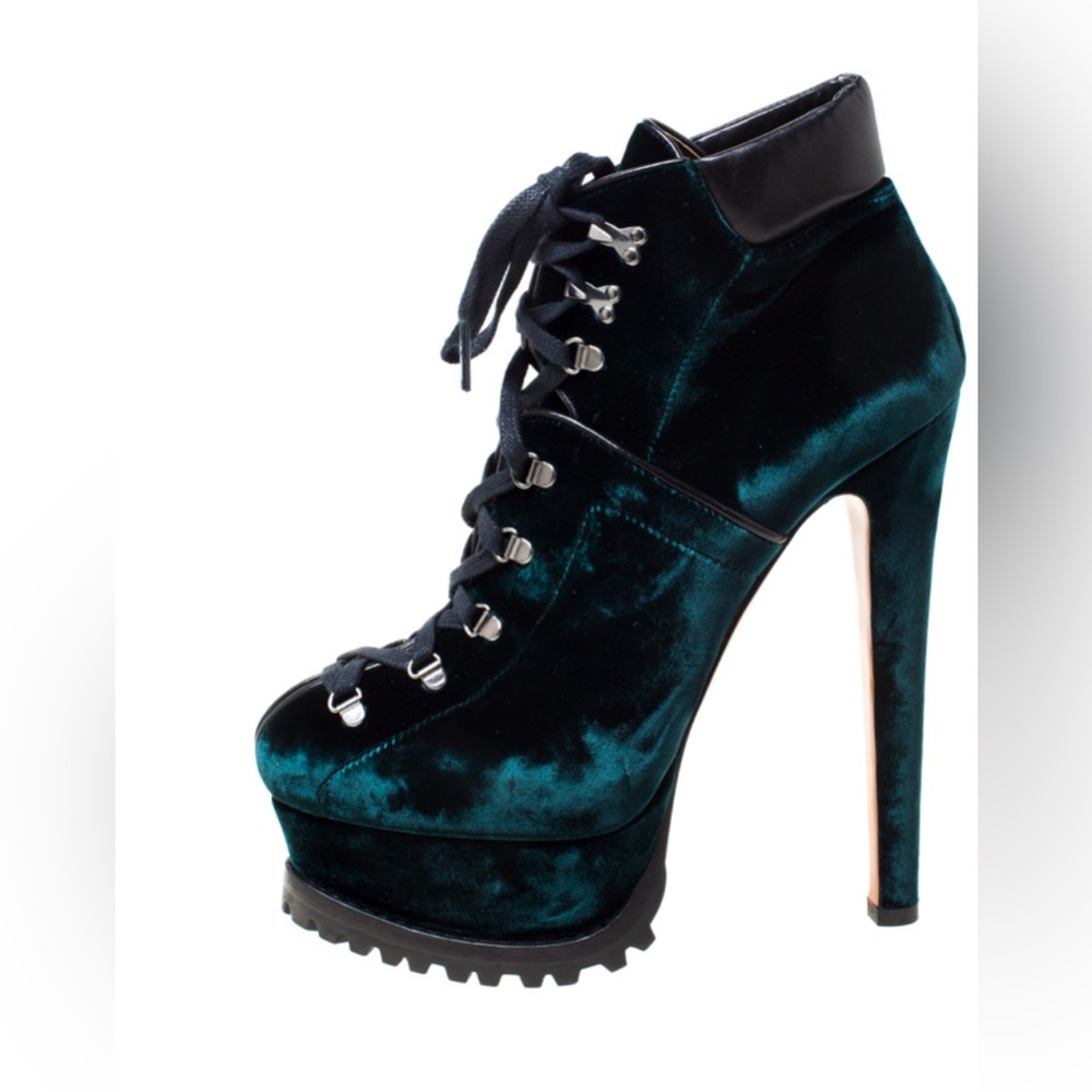 Alaïa Emerald Green Velvet And Black Leather Hiker Platform Lace Up Boots Sz 39